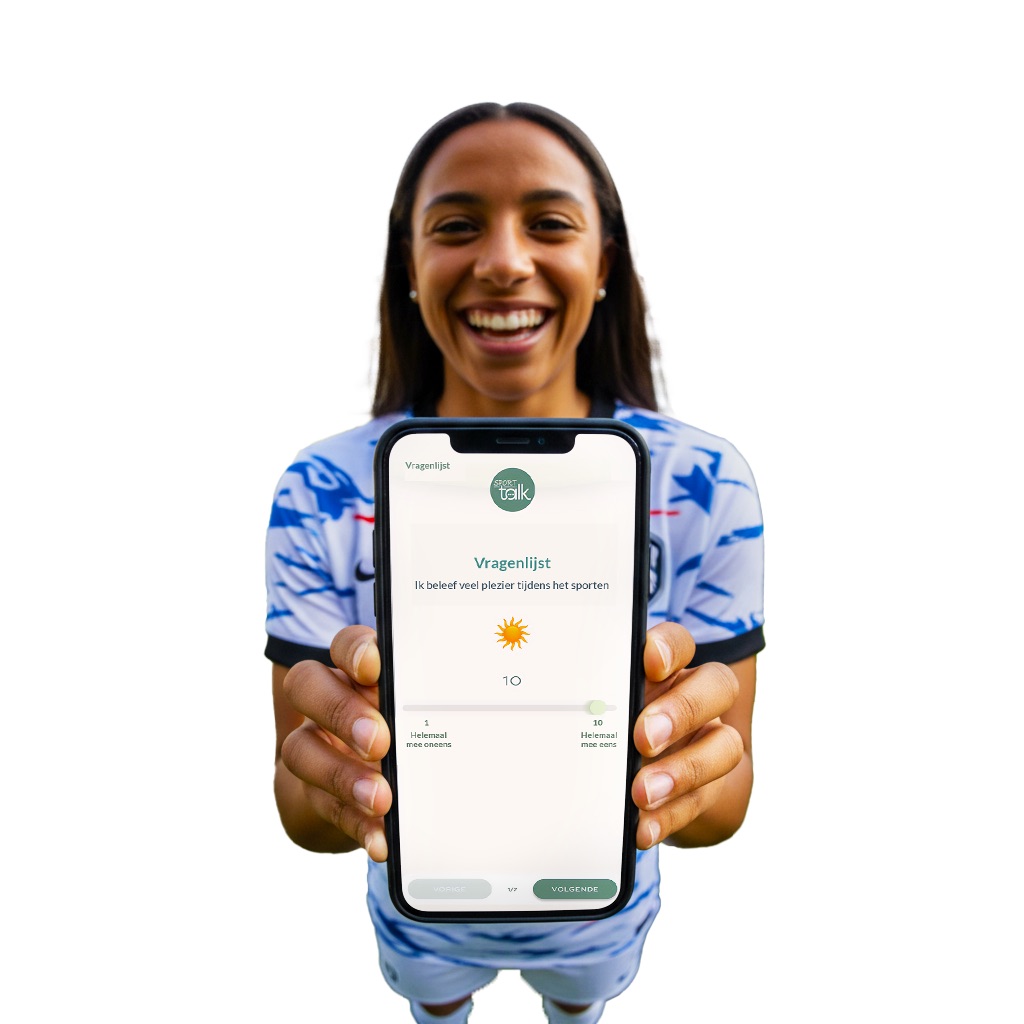 AI soccer girl holding phone mockup